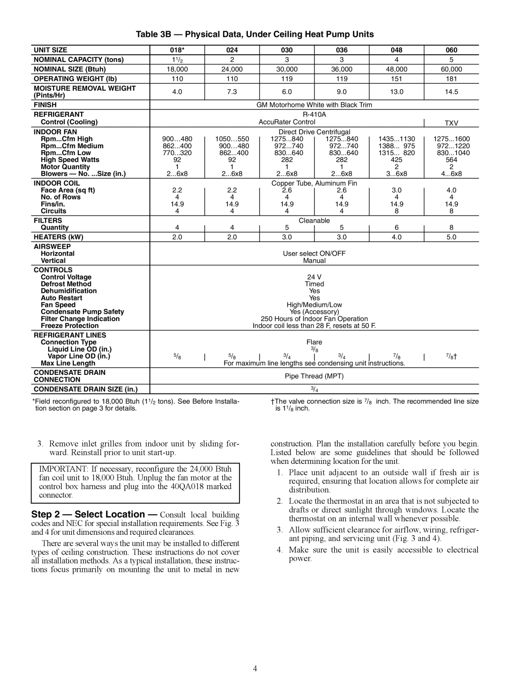 Carrier 40QA024-060 specifications Physical Data, Under Ceiling Heat Pump Units, Unit Size 