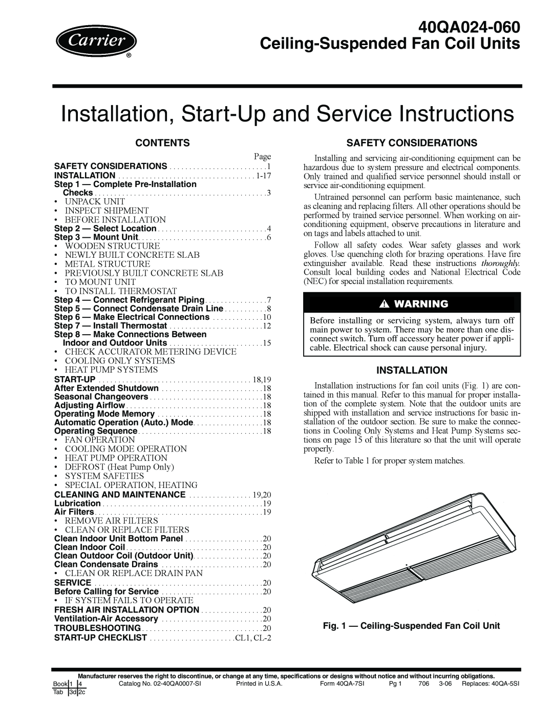Carrier 40QA024-060 specifications Contents, Complete Pre-Installation, Make Connections Between 