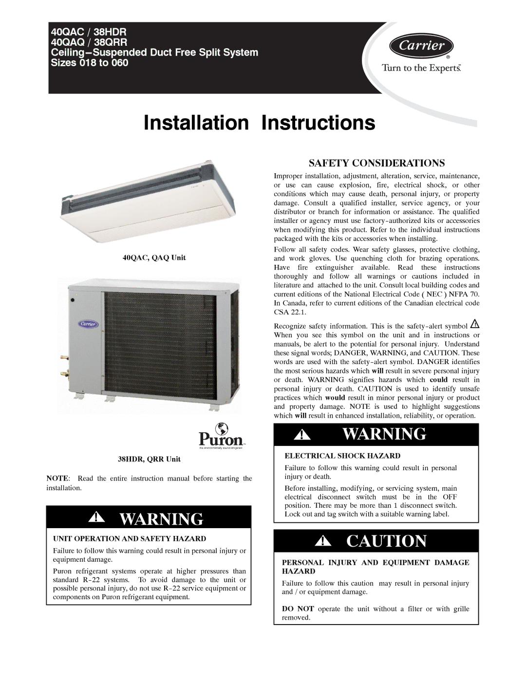 Carrier installation instructions Safety Considerations, 40QAC, QAQ Unit, 38HDR, QRR Unit 