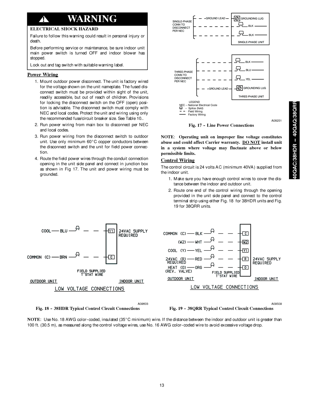 Carrier 40QAC installation instructions Power Wiring, Line Power Connections 