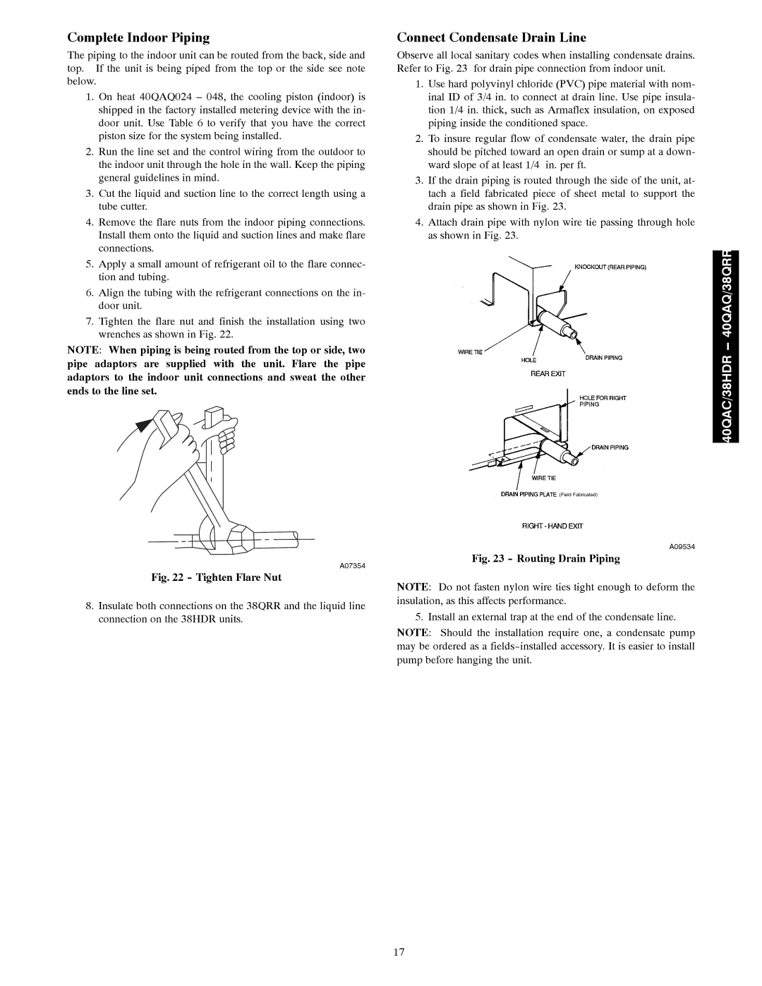 Carrier 40QAC installation instructions Complete Indoor Piping, Connect Condensate Drain Line 