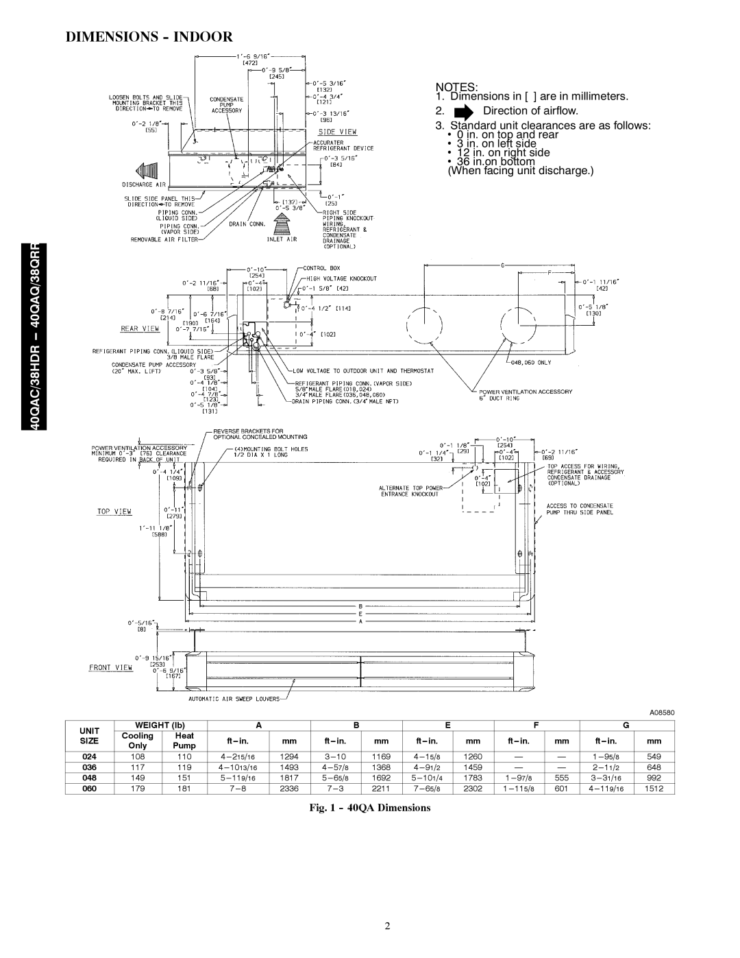 Carrier 40QAC installation instructions Dimensions Indoor, Unit, Size 