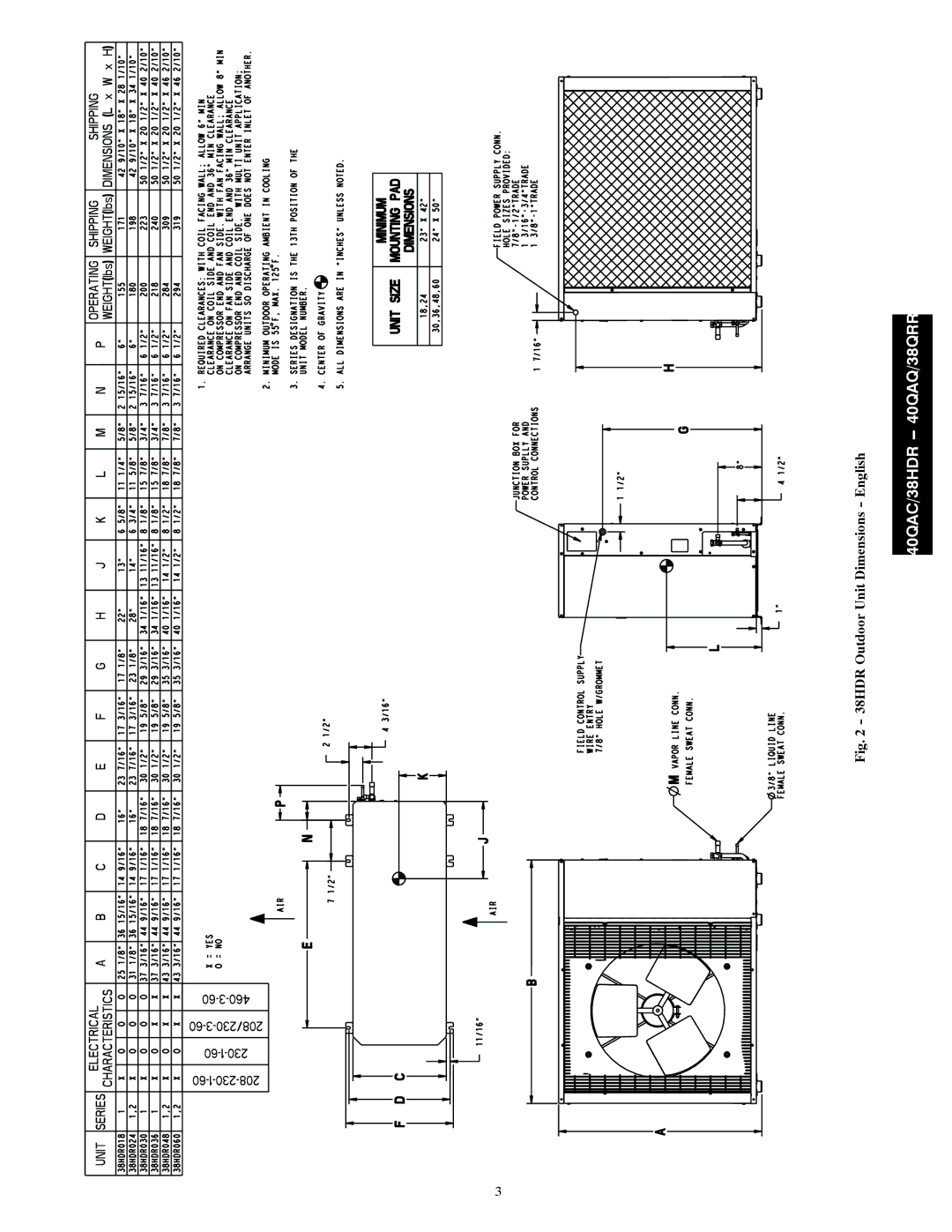 Carrier 40QAC installation instructions 38HDR Outdoor Unit Dimensions English 