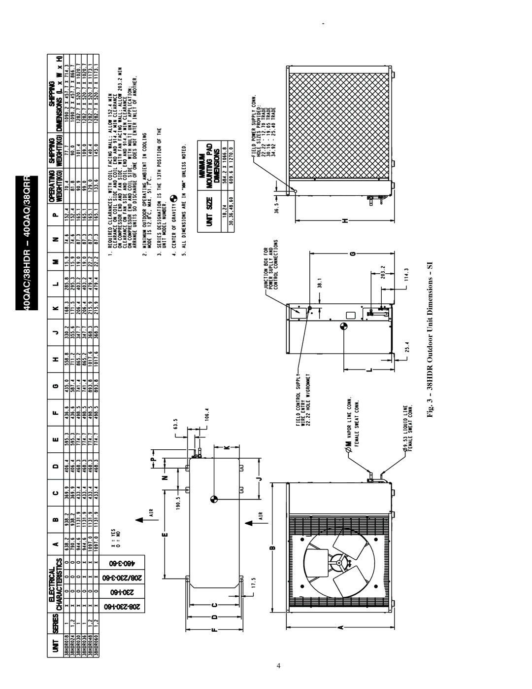 Carrier 40QAC installation instructions 38HDR Outdoor Unit Dimensions SI 