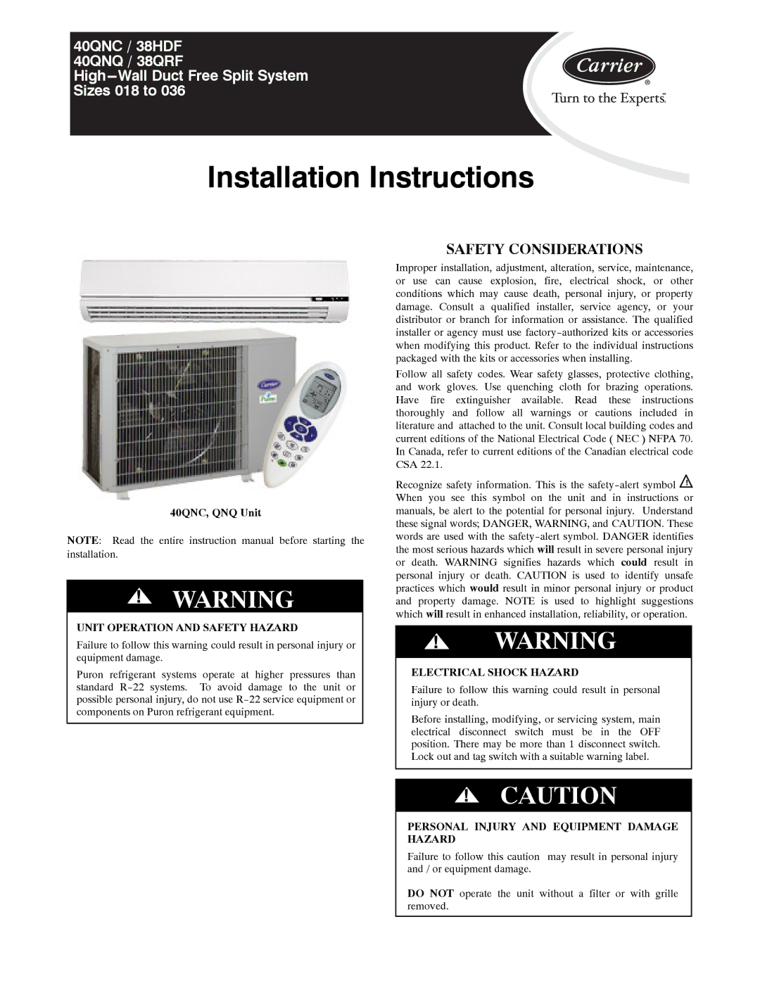 Carrier 40QNQ installation instructions Safety Considerations, 40QNC, QNQ Unit 