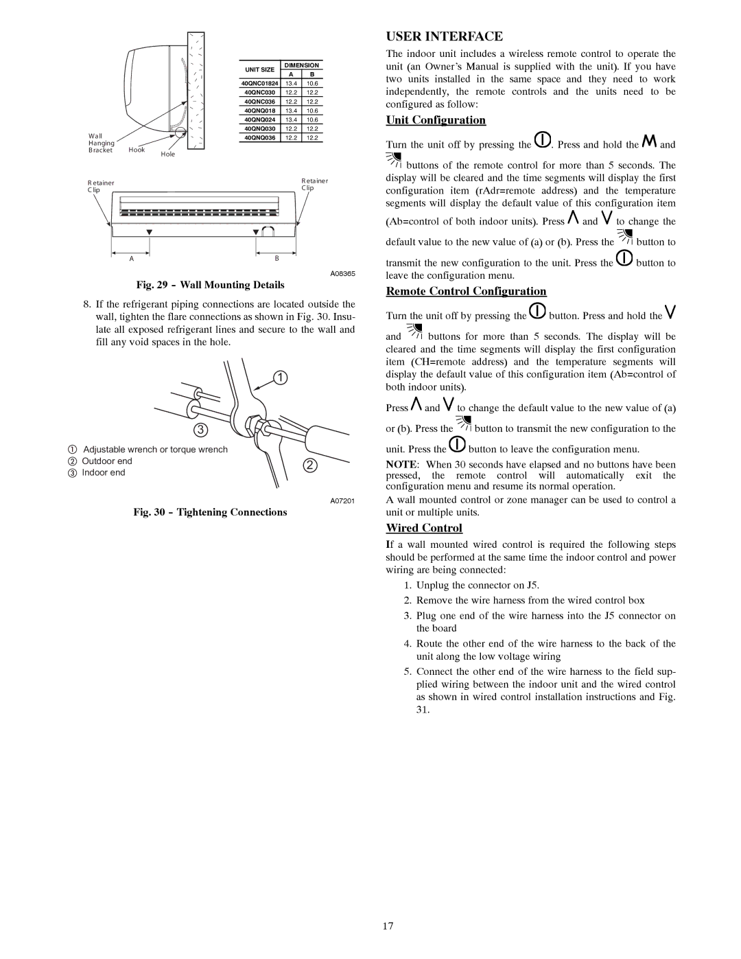 Carrier 40QNC, 40QNQ installation instructions Unit Configuration, Remote Control Configuration, Wired Control 