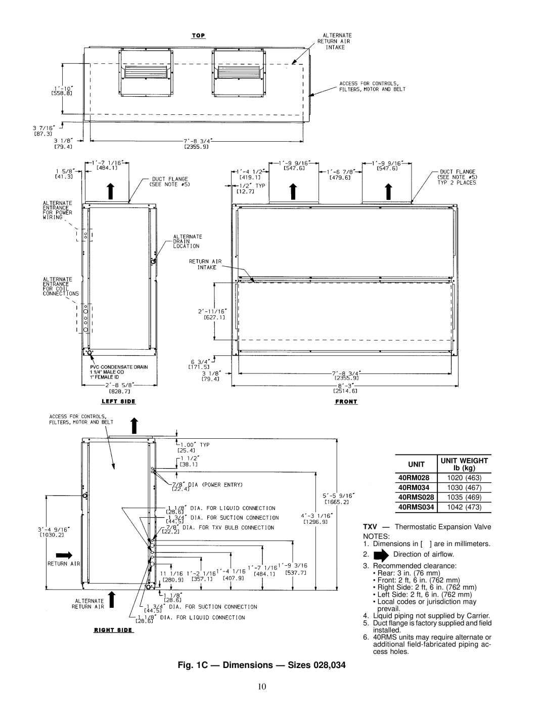 Carrier 40RMS, 40RMQ installation instructions Ð Dimensions Ð Sizes 028,034 