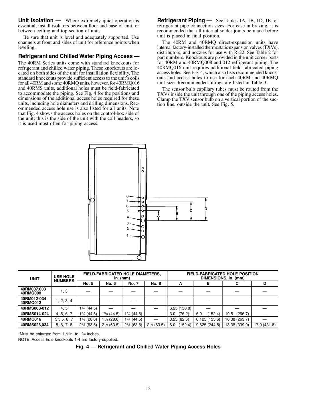 Carrier 40RMQ, 40RMS installation instructions Refrigerant and Chilled Water Piping Access Holes, Numbers 