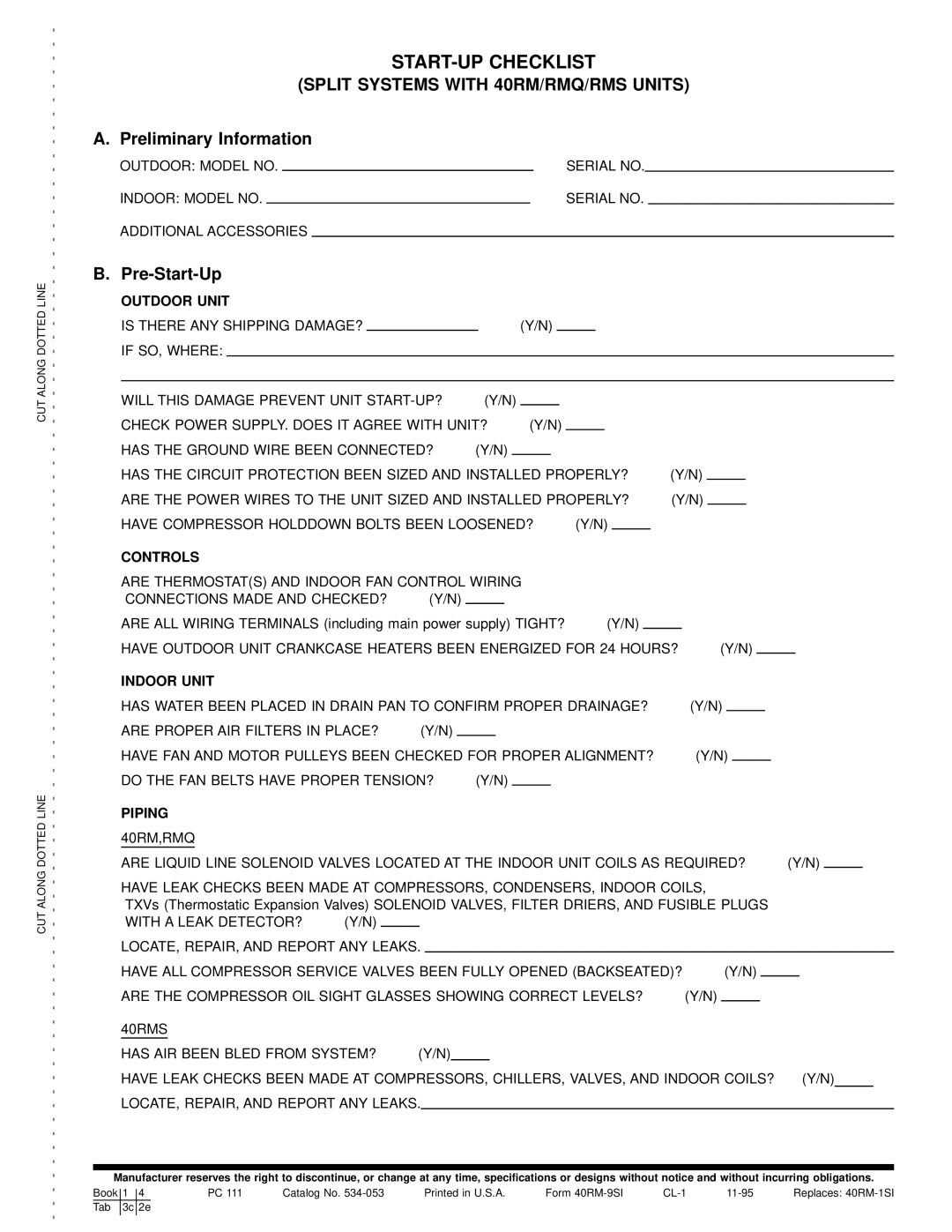 Carrier 40RMS, 40RMQ installation instructions START-UP Checklist 