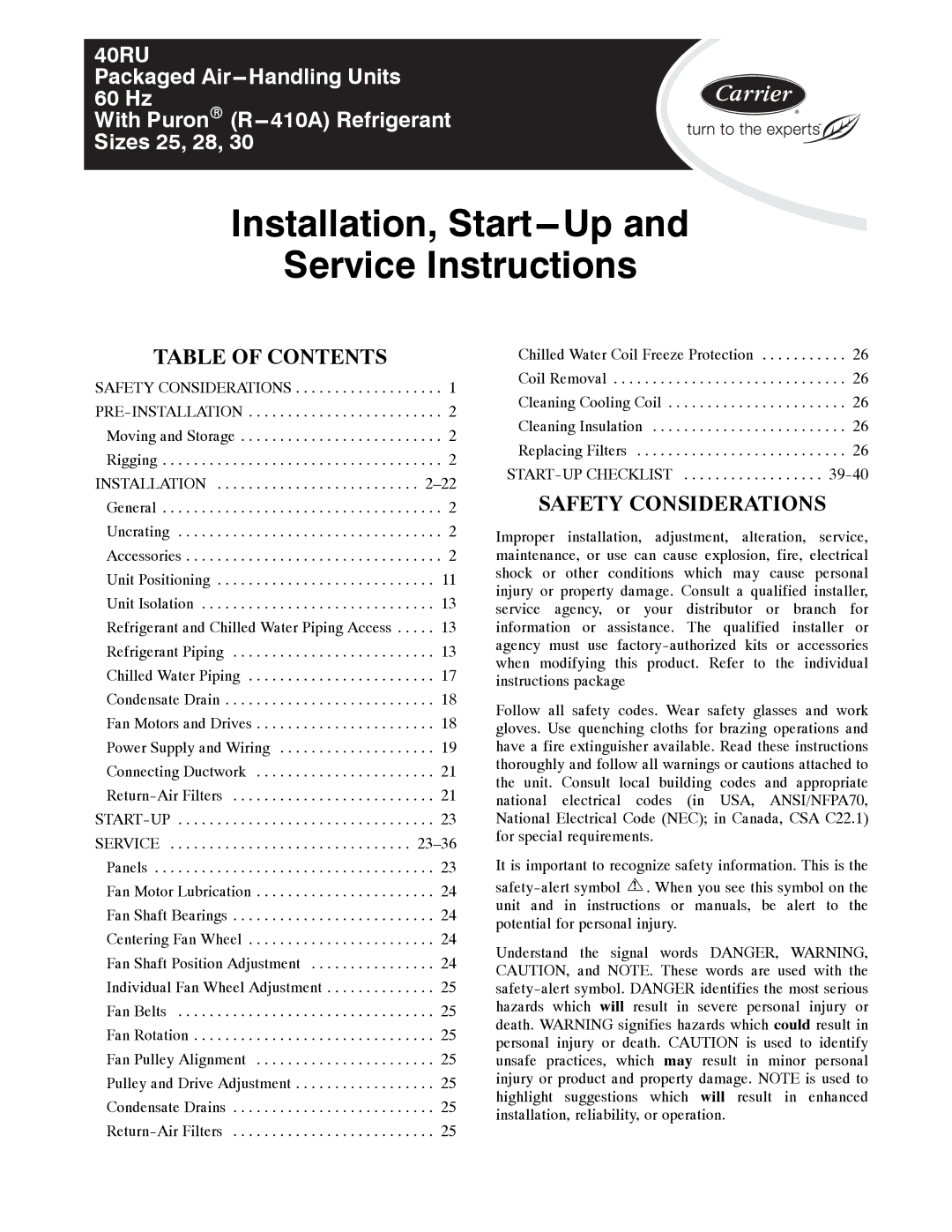 Carrier 40RU manual Installation, Start---Up Service Instructions 