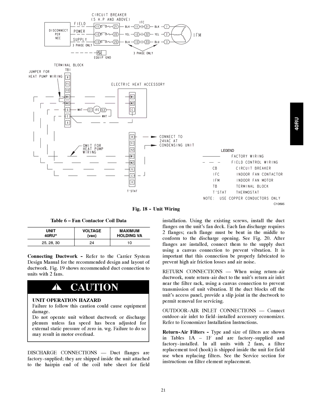 Carrier 40RU manual Unit Voltage Maximum, Holding VA, 25, 28 