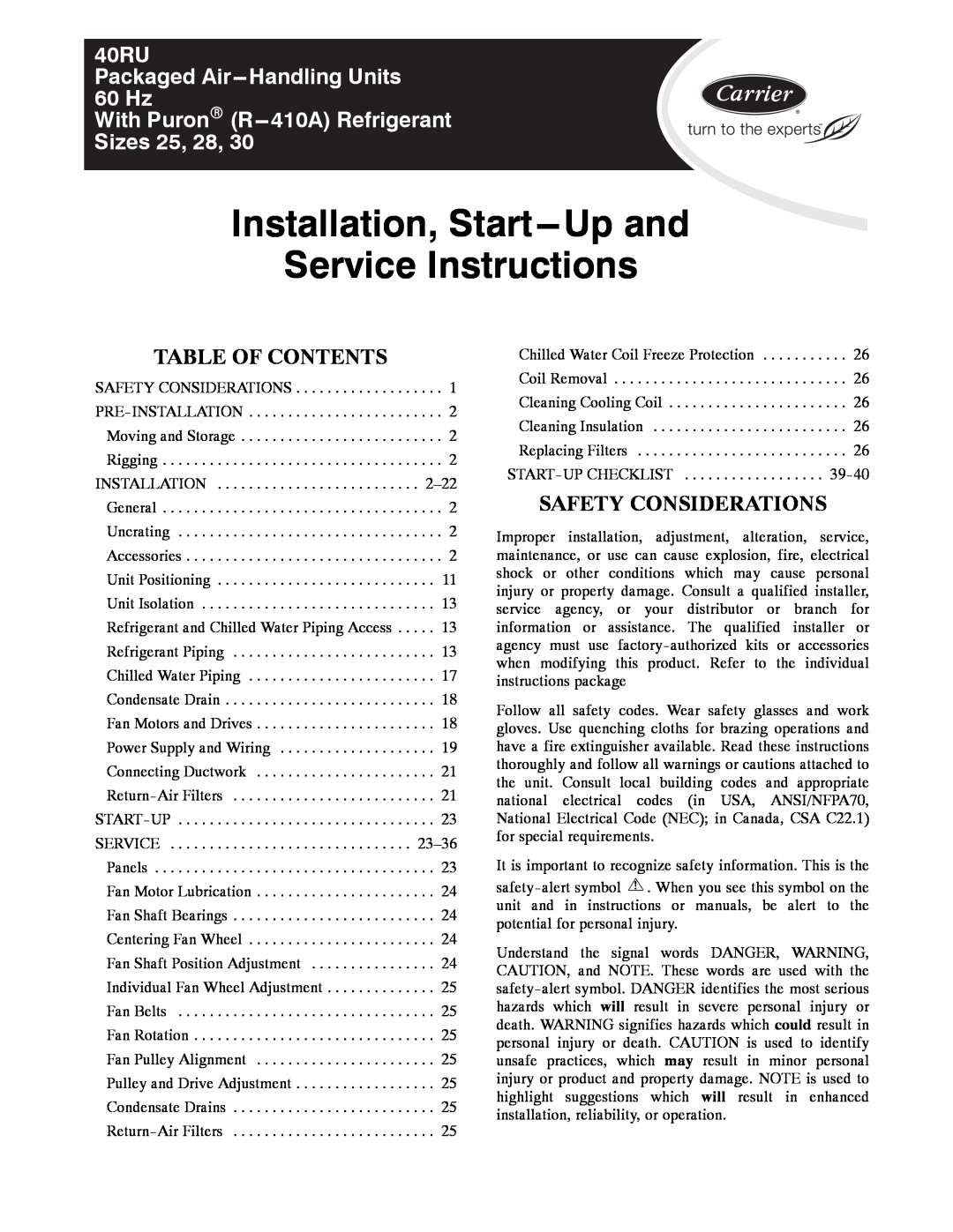 Carrier 40RU manual Table Of Contents, Safety Considerations, Installation, Start---Upand Service Instructions 