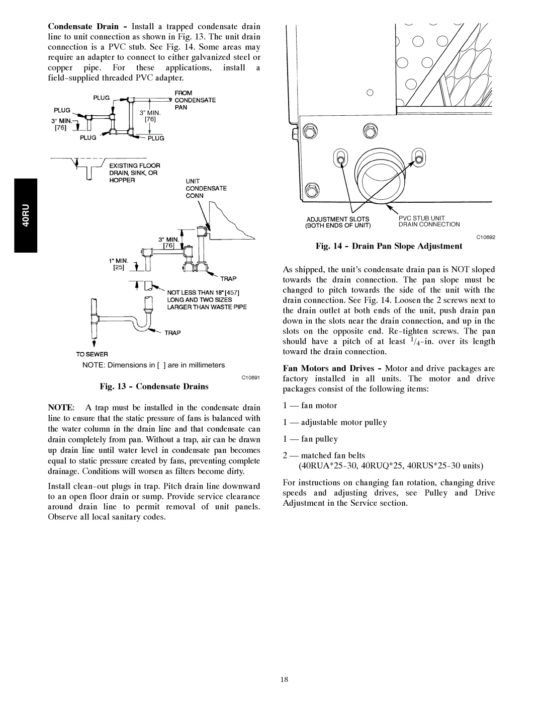 Carrier 40RU manual Condensate Drains, Drain Pan Slope Adjustment 