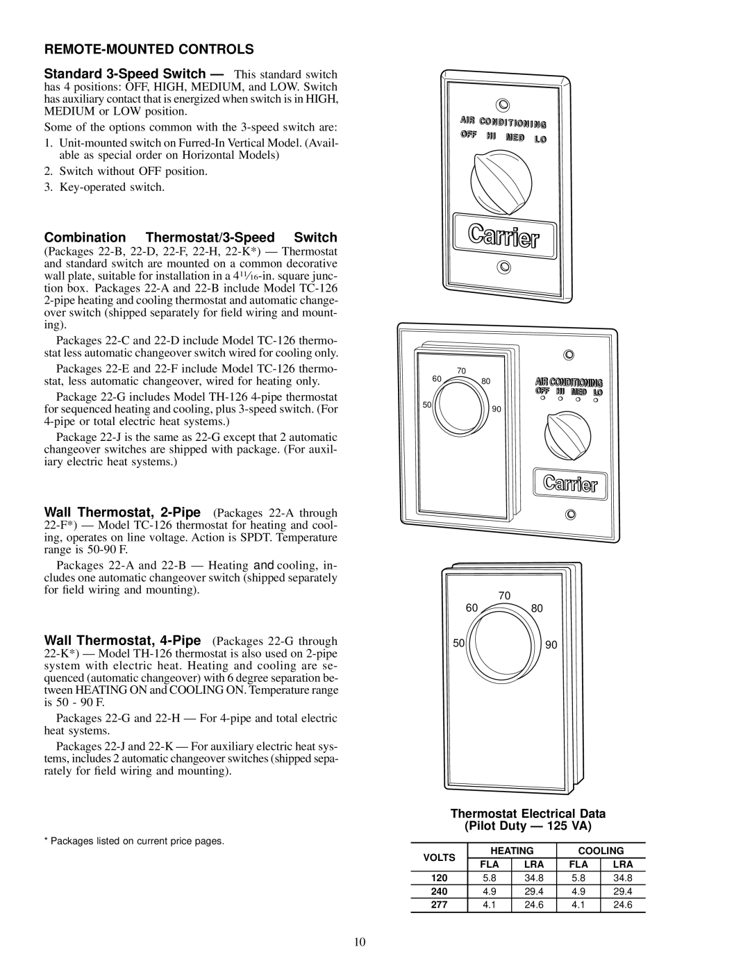 Carrier 42 SERIES specifications REMOTE-MOUNTED Controls, Combination Thermostat/3-Speed Switch 