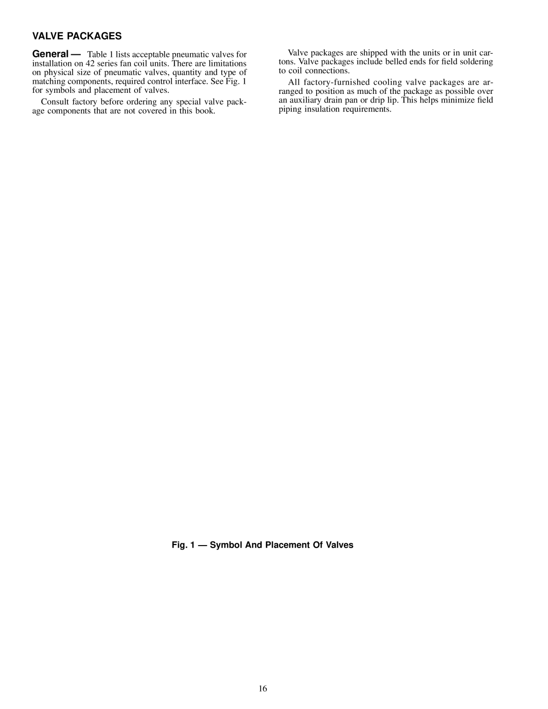 Carrier 42 SERIES specifications Valve Packages, Symbol And Placement Of Valves 