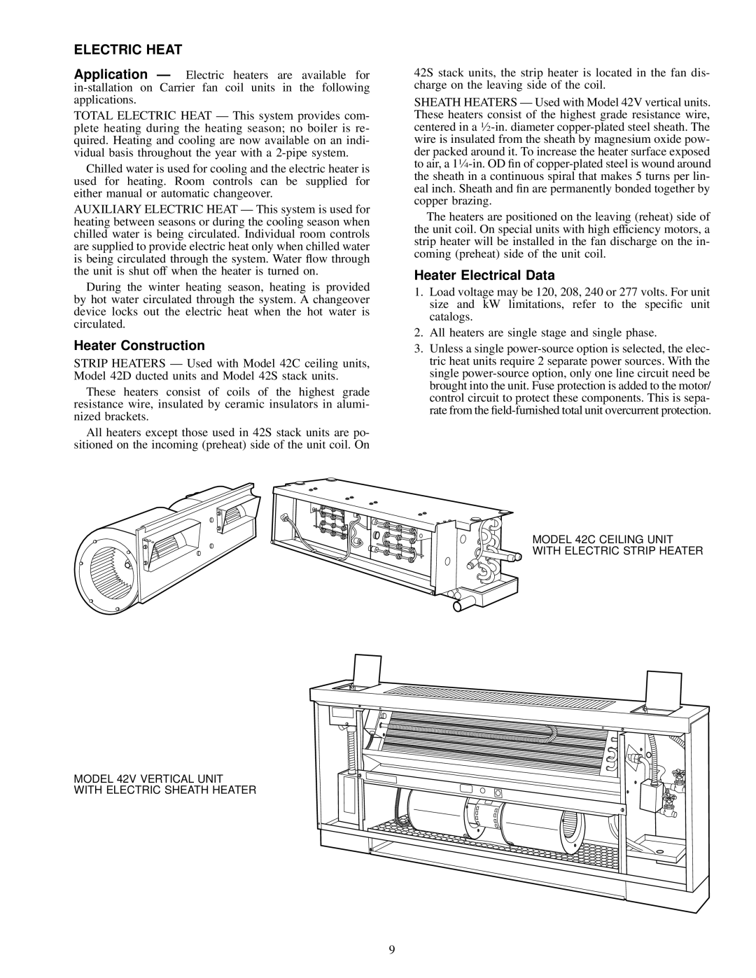 Carrier 42 SERIES specifications Electric Heat, Heater Construction, Heater Electrical Data 