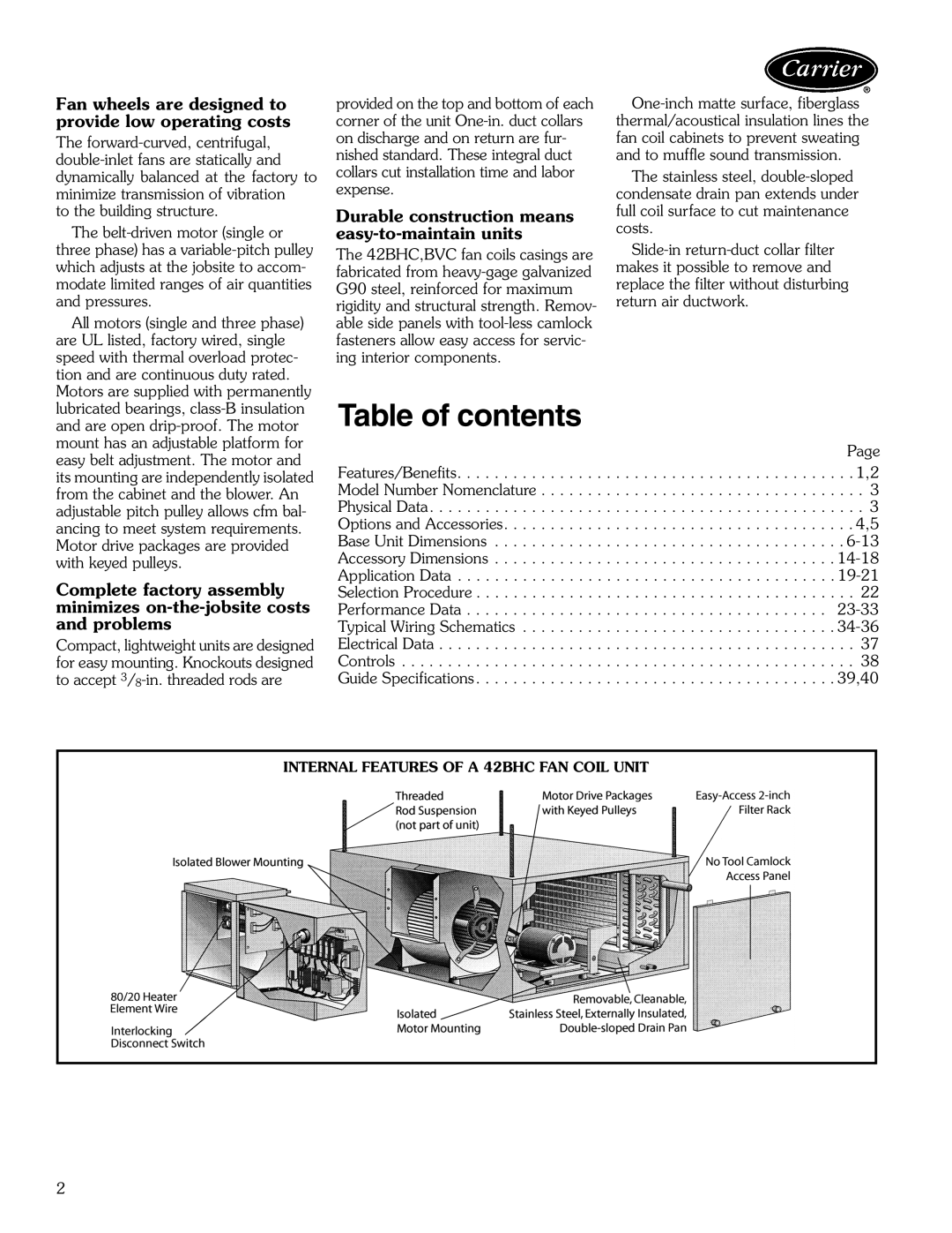 Carrier 42BHC, 42BVC manual Table of contents 