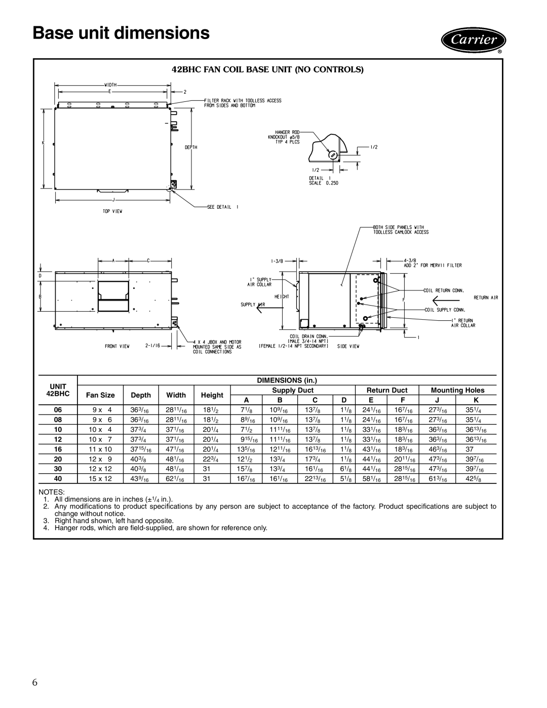 Carrier 42BVC manual Base unit dimensions, 42BHC FAN Coil Base Unit no Controls 