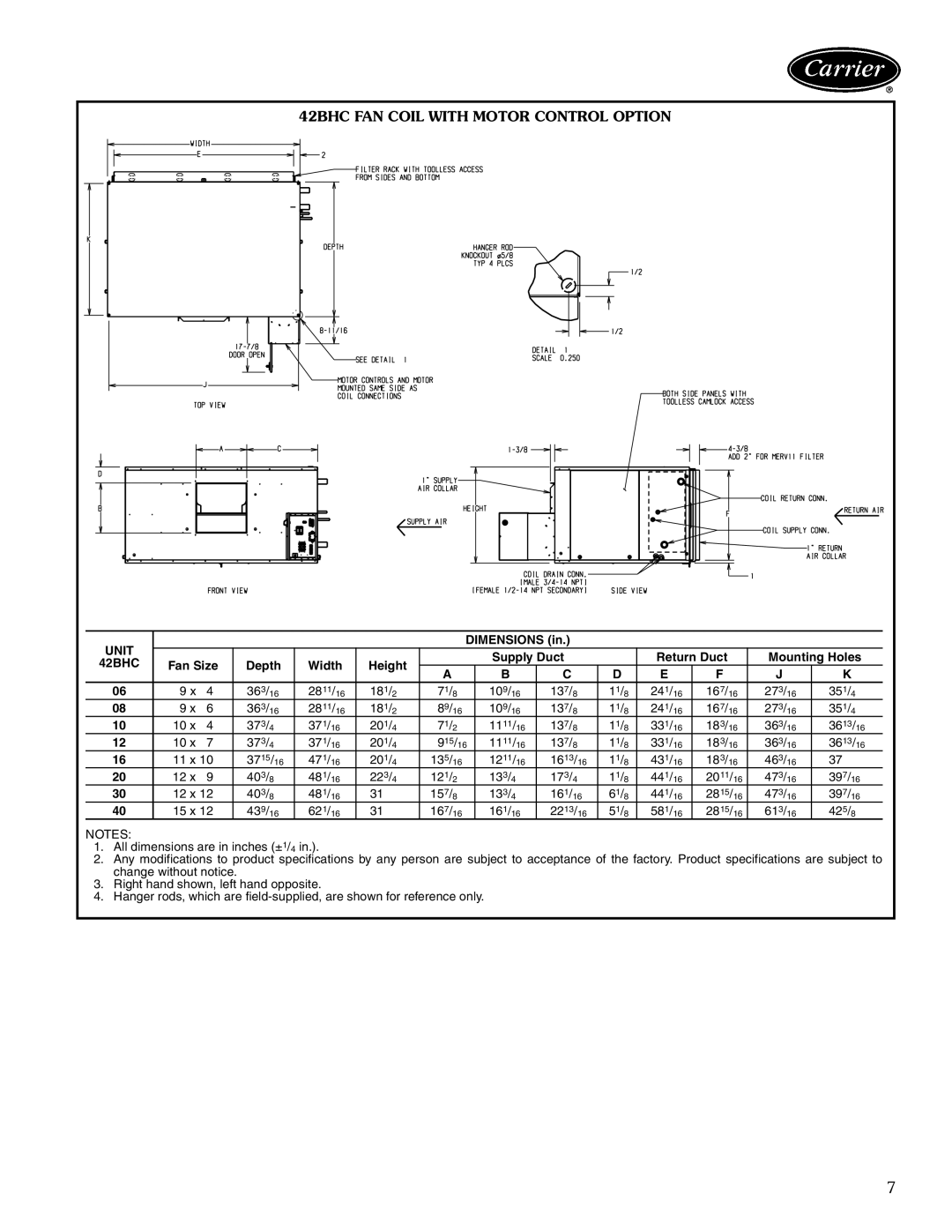 Carrier 42BVC manual 42BHC FAN Coil with Motor Control Option 