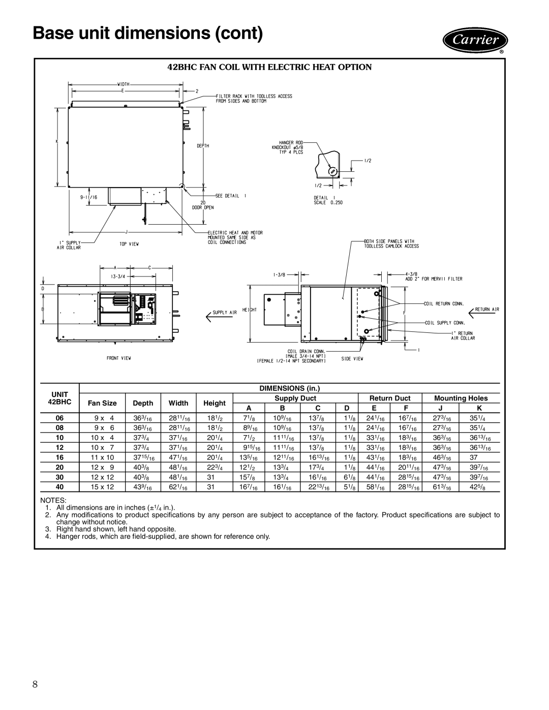 Carrier 42BVC manual 42BHC FAN Coil with Electric Heat Option 