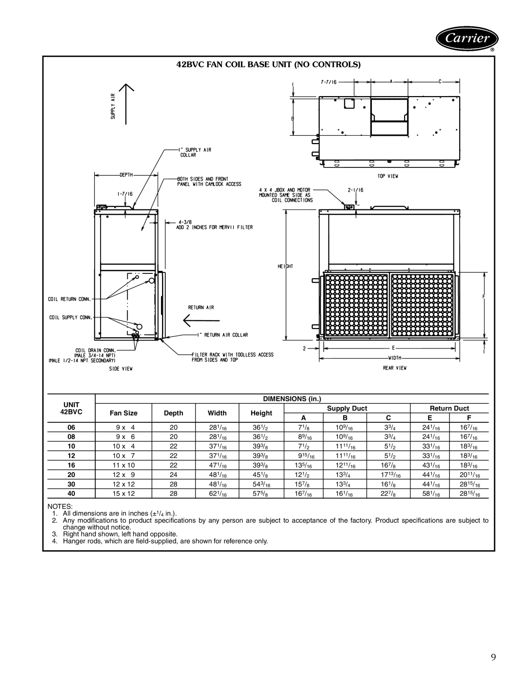 Carrier 42BHC manual 42BVC FAN Coil Base Unit no Controls, Dimensions Supply Duct Return Duct, Fan Size, Width Height 