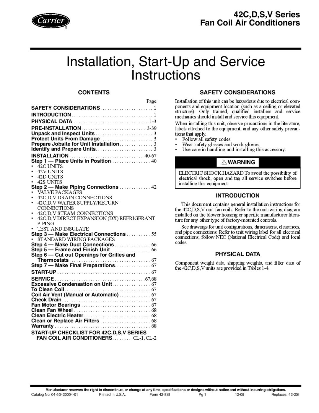 Carrier 42S, 42C, 42D, 42V specifications Installation, Start-Up and Service Instructions 