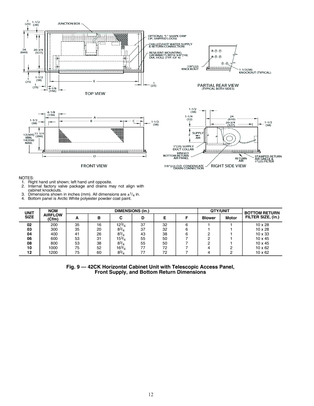 Carrier 42C, 42S, 42D, 42V specifications A42-4149, QTY/UNIT Bottom Return Airflow Size 