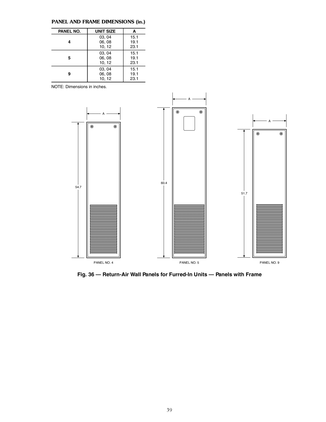 Carrier 42V, 42C, 42S, 42D specifications A42-4168, A42-4170 A42-4161, Panel no Unit Size 