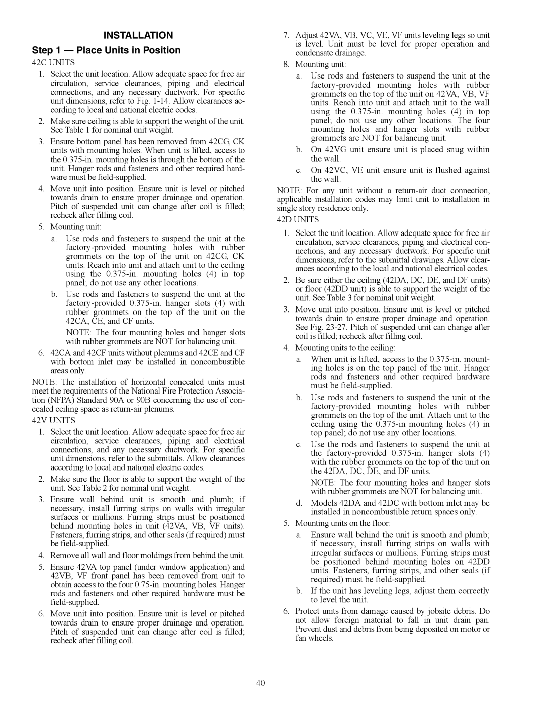 Carrier 42C, 42S, 42D, 42V specifications Installation 