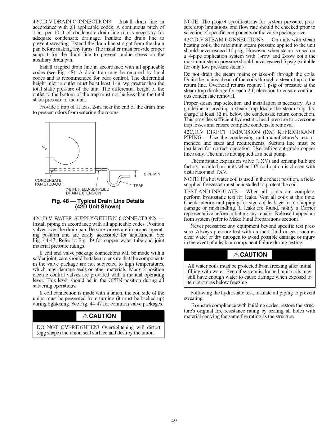 Carrier 42S, 42C, 42V specifications Typical Drain Line Details 42D Unit Shown 