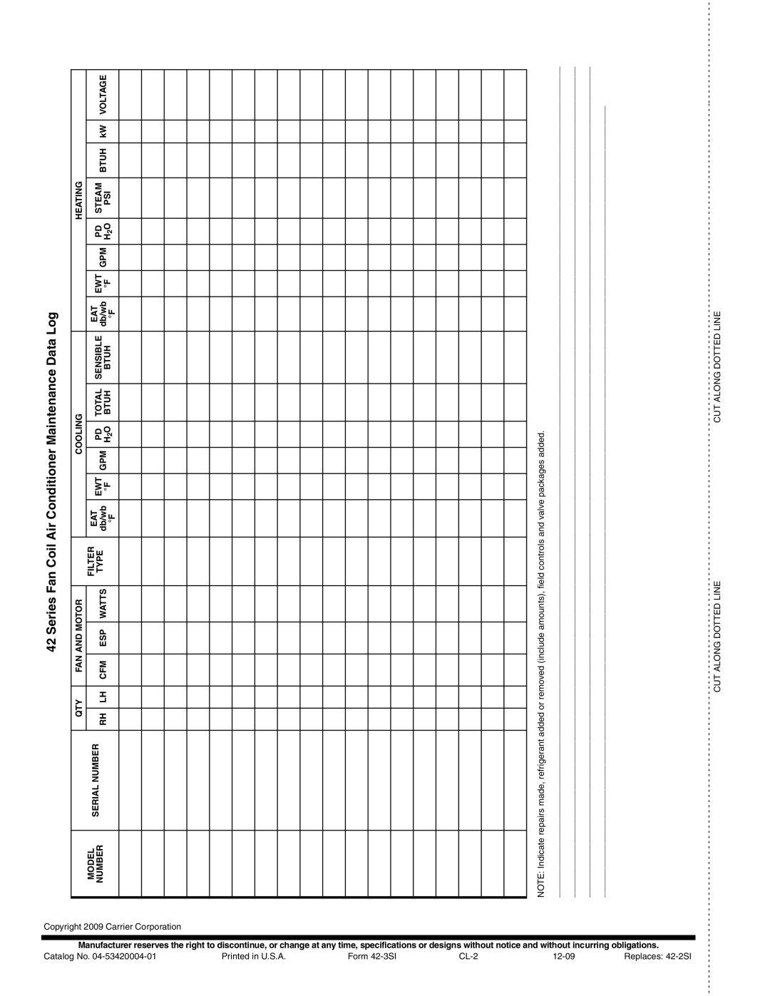 Carrier 42C, 42S, 42D, 42V specifications Series Fan Coil Air Conditioner Maintenance Data Log 