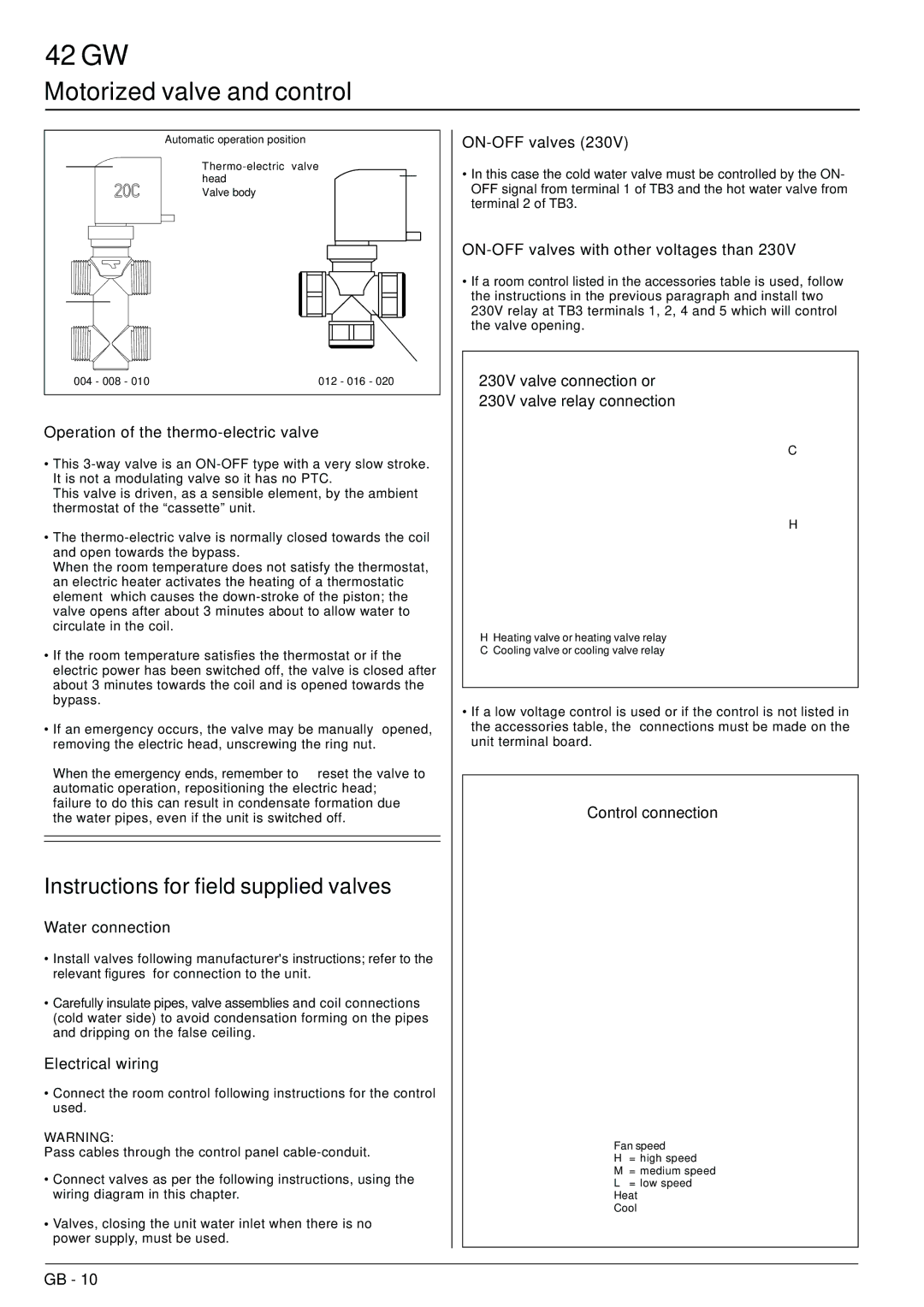 Carrier 42GW installation manual Operation of the thermo-electric valve, Water connection, Electrical wiring, ON-OFF valves 