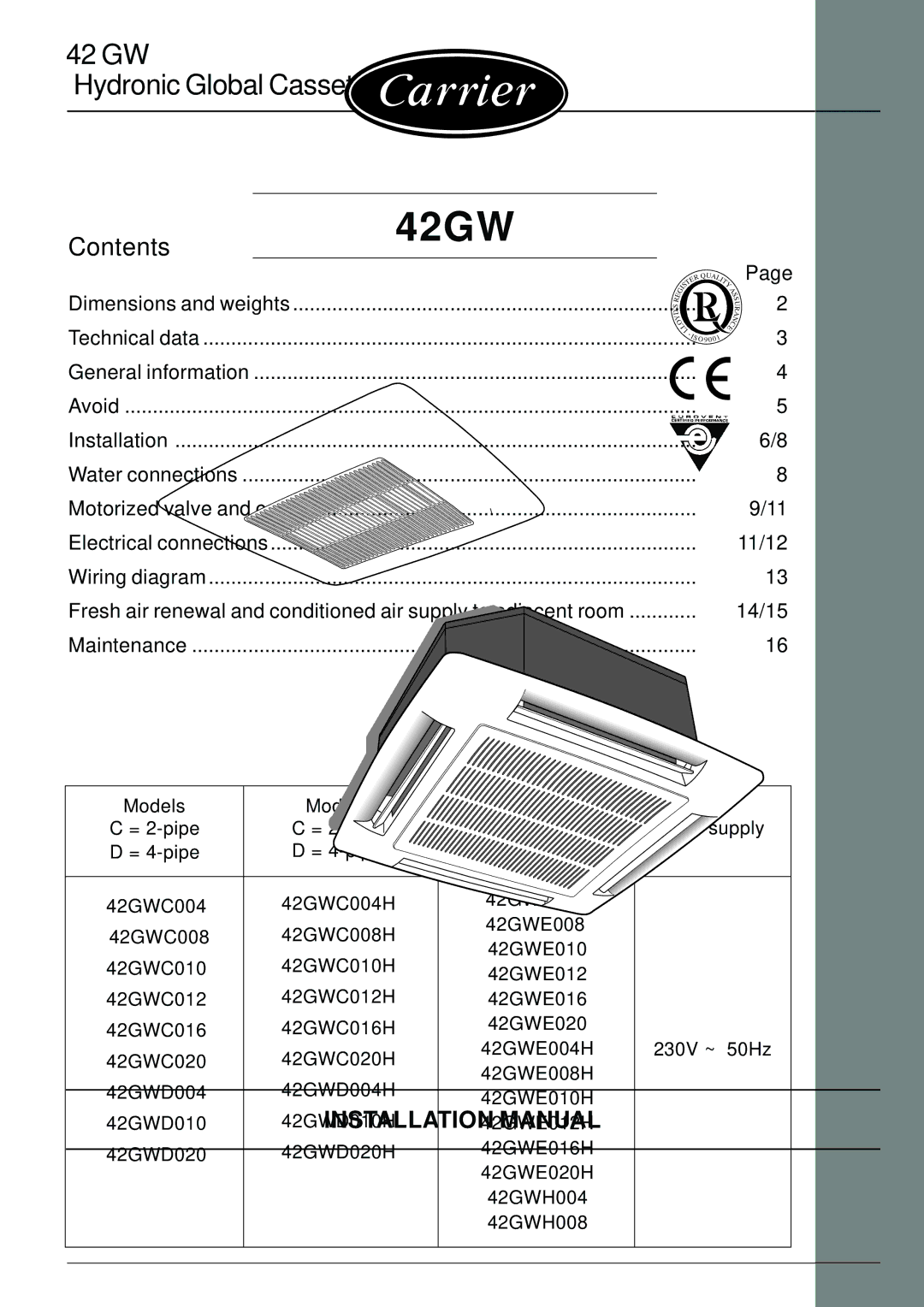 Carrier 42GW installation manual GW Hydronic Global Cassette Fan Coil Units, Contents 