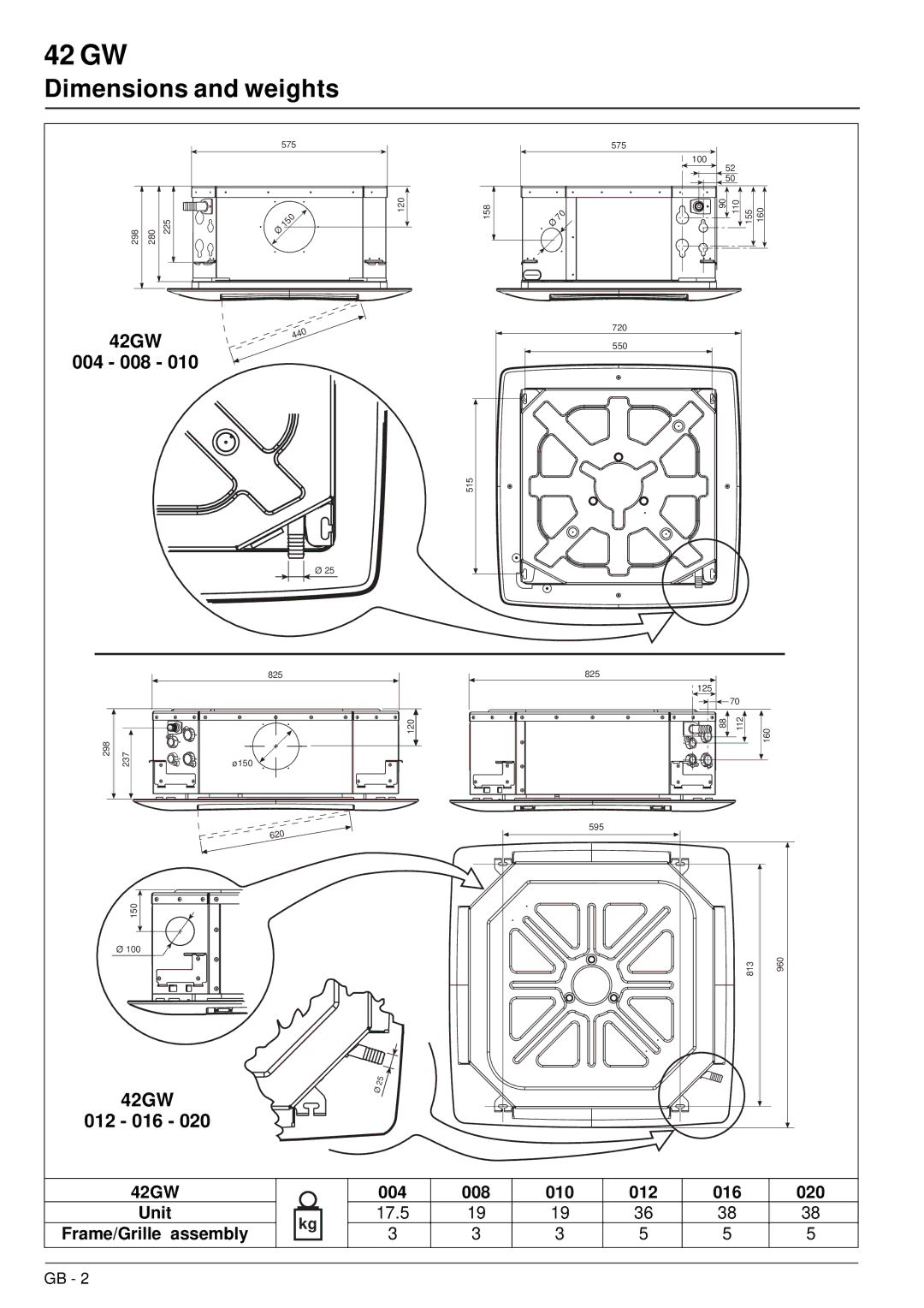 Carrier installation manual Dimensions and weights, 004 008, 42GW 012 016 