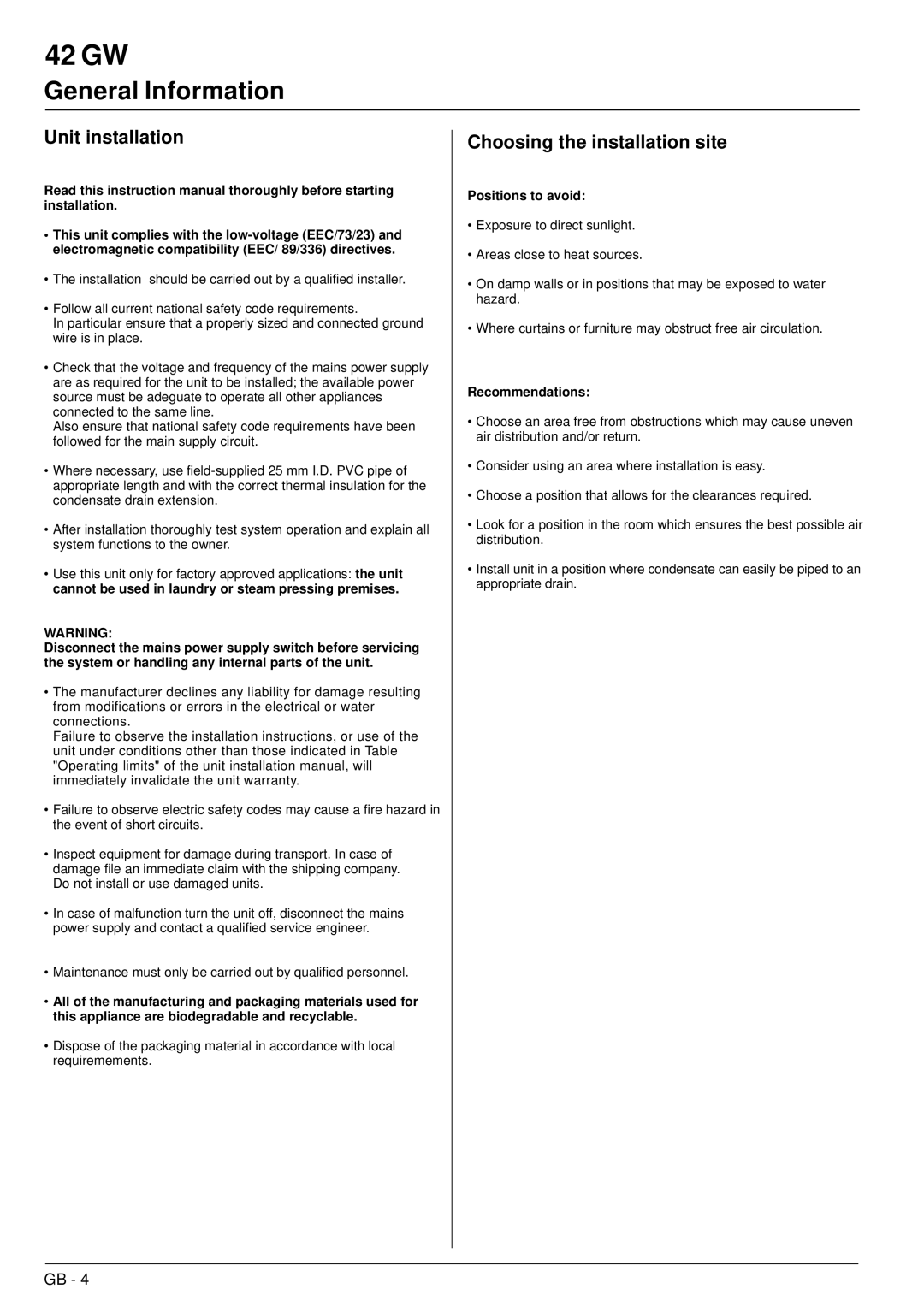 Carrier 42GW General Information, Unit installation, Choosing the installation site, Positions to avoid, Recommendations 