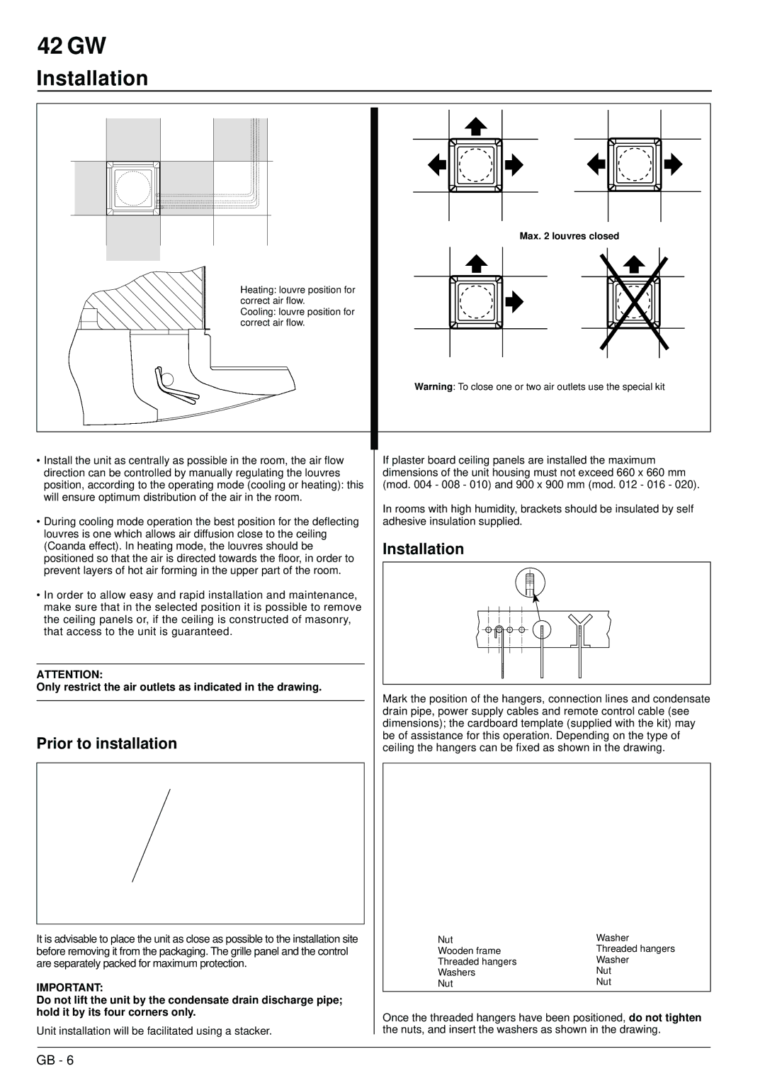 Carrier 42GW Installation, Prior to installation, Only restrict the air outlets as indicated in the drawing 