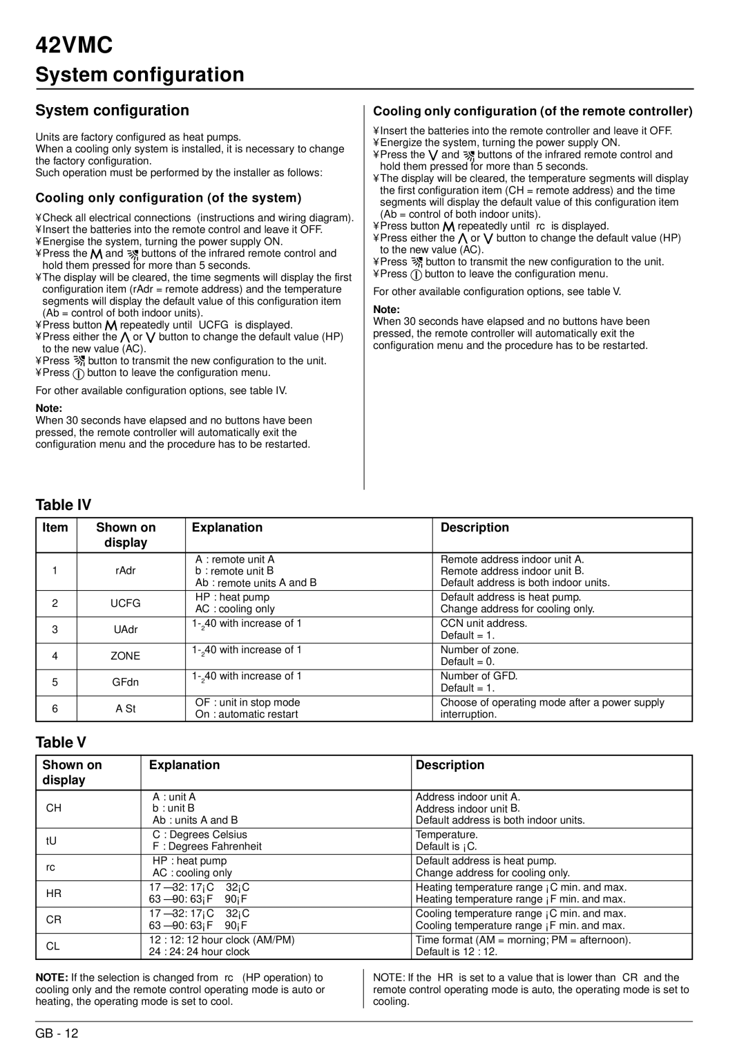 Carrier 42VMC System configuration, Cooling only configuration of the system, Shown on Explanation Description Display 