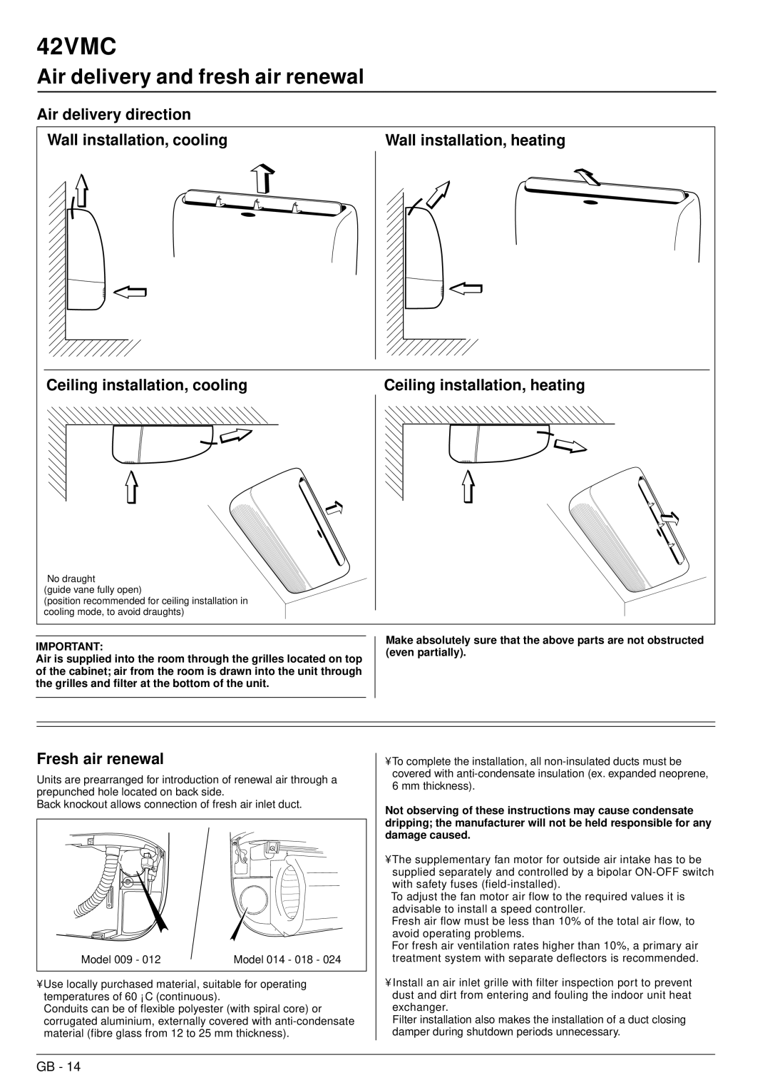 Carrier 42VMC installation manual Air delivery and fresh air renewal, Fresh air renewal 