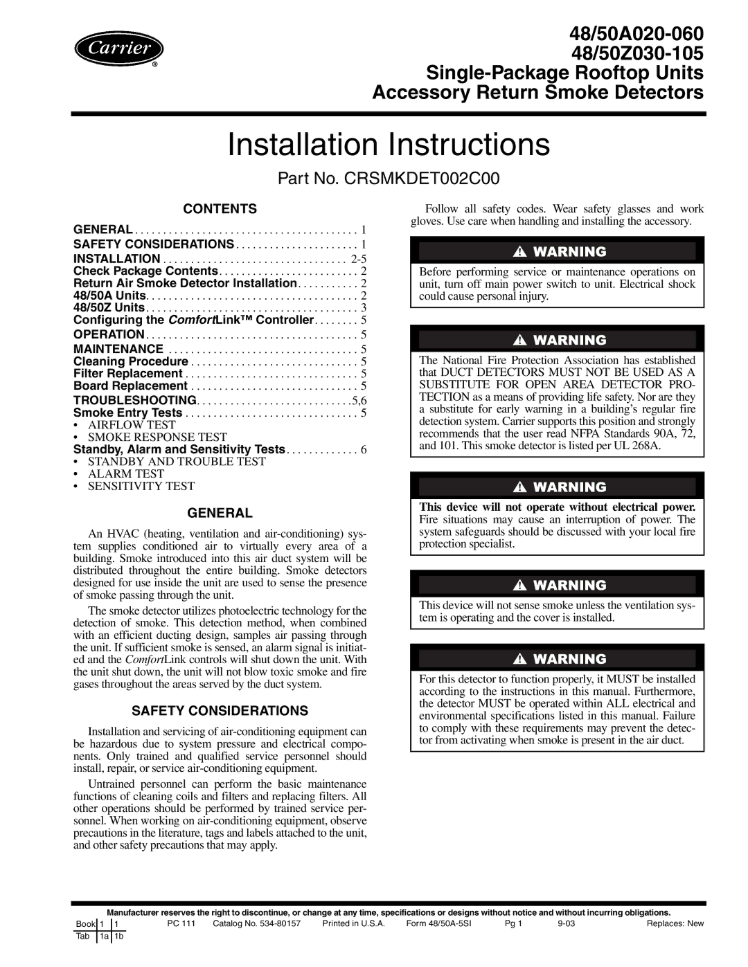 Carrier 48/50A020-060 installation instructions Contents, General, Safety Considerations 