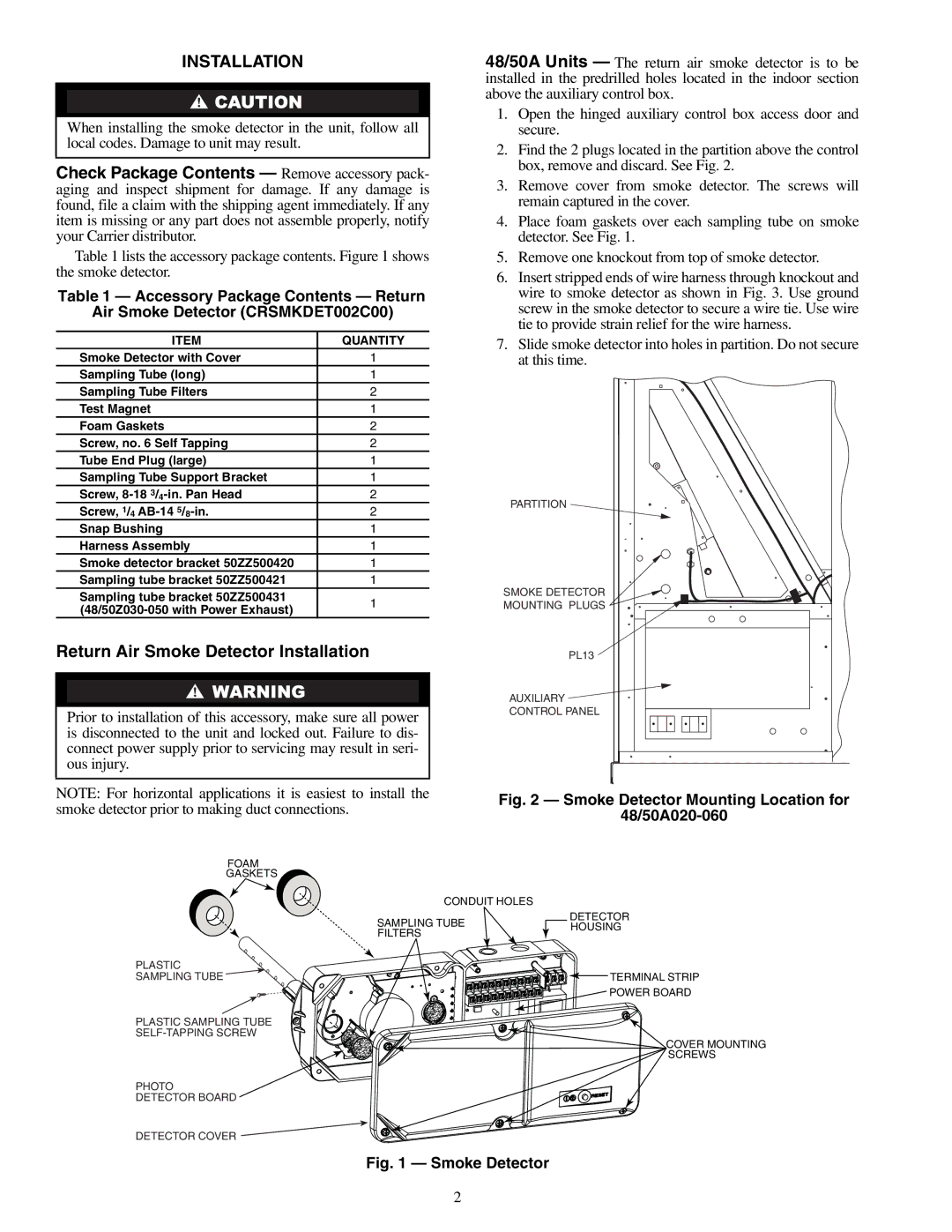 Carrier 48/50A020-060 installation instructions Return Air Smoke Detector Installation 