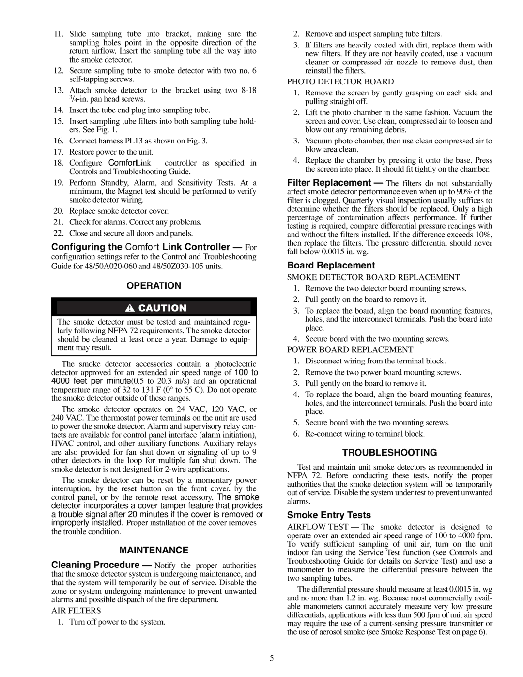 Carrier 48/50A020-060 Operation, Maintenance, Board Replacement, Troubleshooting, Smoke Entry Tests 