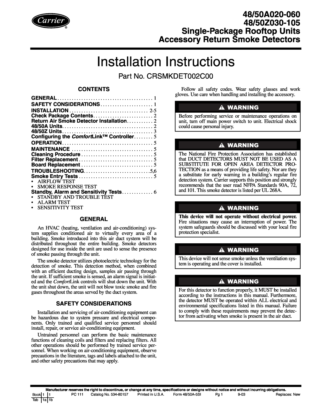 Carrier 48/50A020-060 installation instructions Contents, General, Safety Considerations, Installation Instructions 