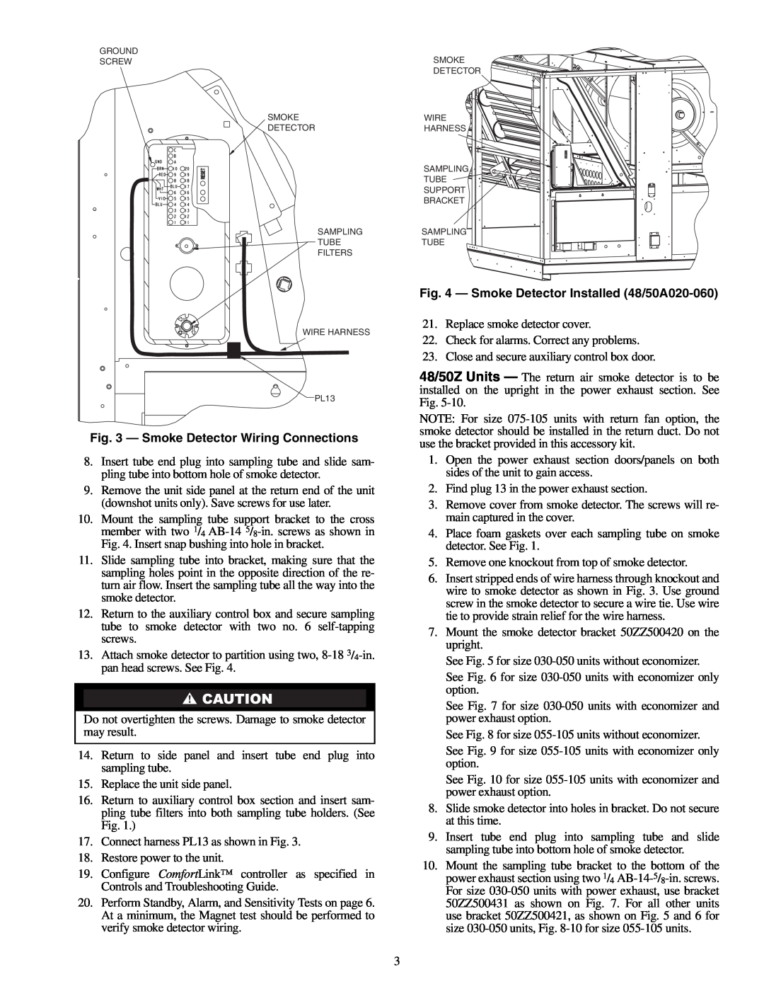Carrier installation instructions Smoke Detector Wiring Connections, Smoke Detector Installed 48/50A020-060, Tube 