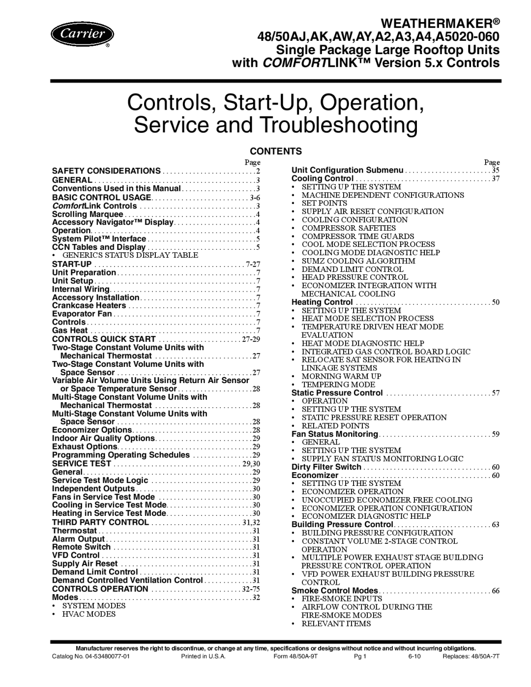 Carrier 48/50AJ specifications Controls, Start-Up, Operation, Service and Troubleshooting, Contents 