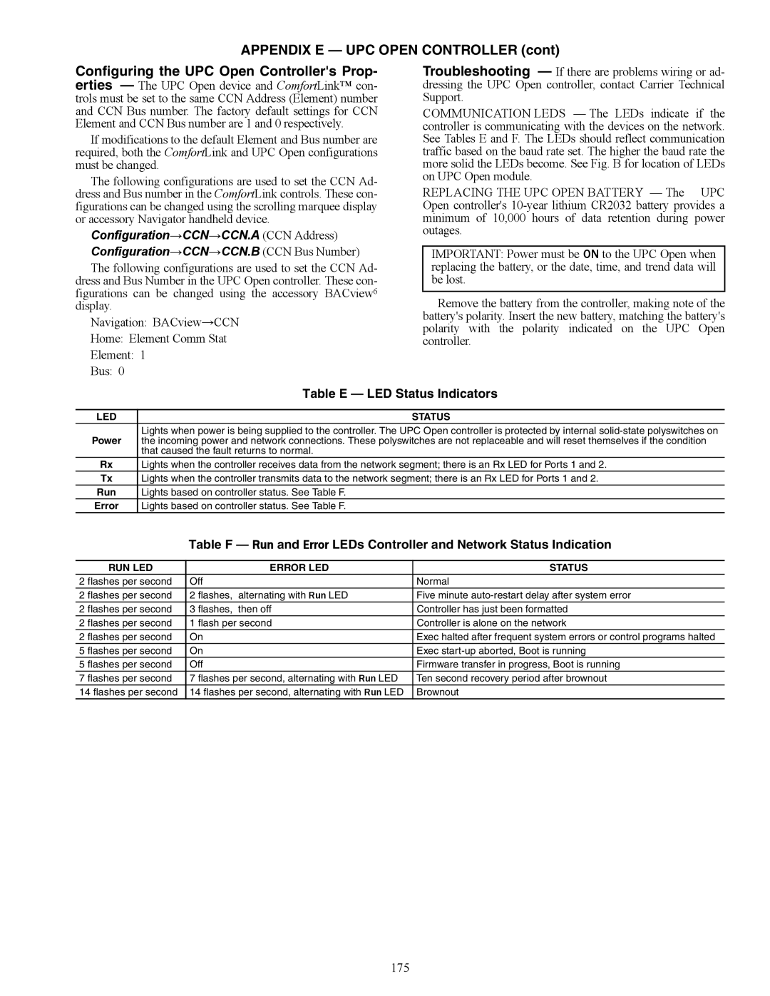 Carrier 48/50AJ specifications Table E LED Status Indicators, 175, RUN LED Error LED Status 