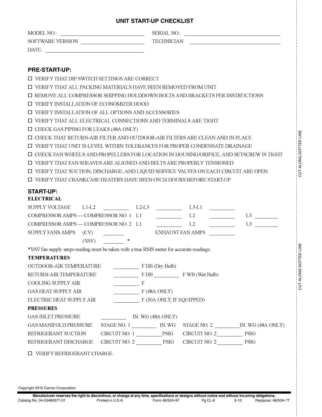 Carrier 48/50AJ specifications Unit START-UP Checklist, Pre-Start-Up 