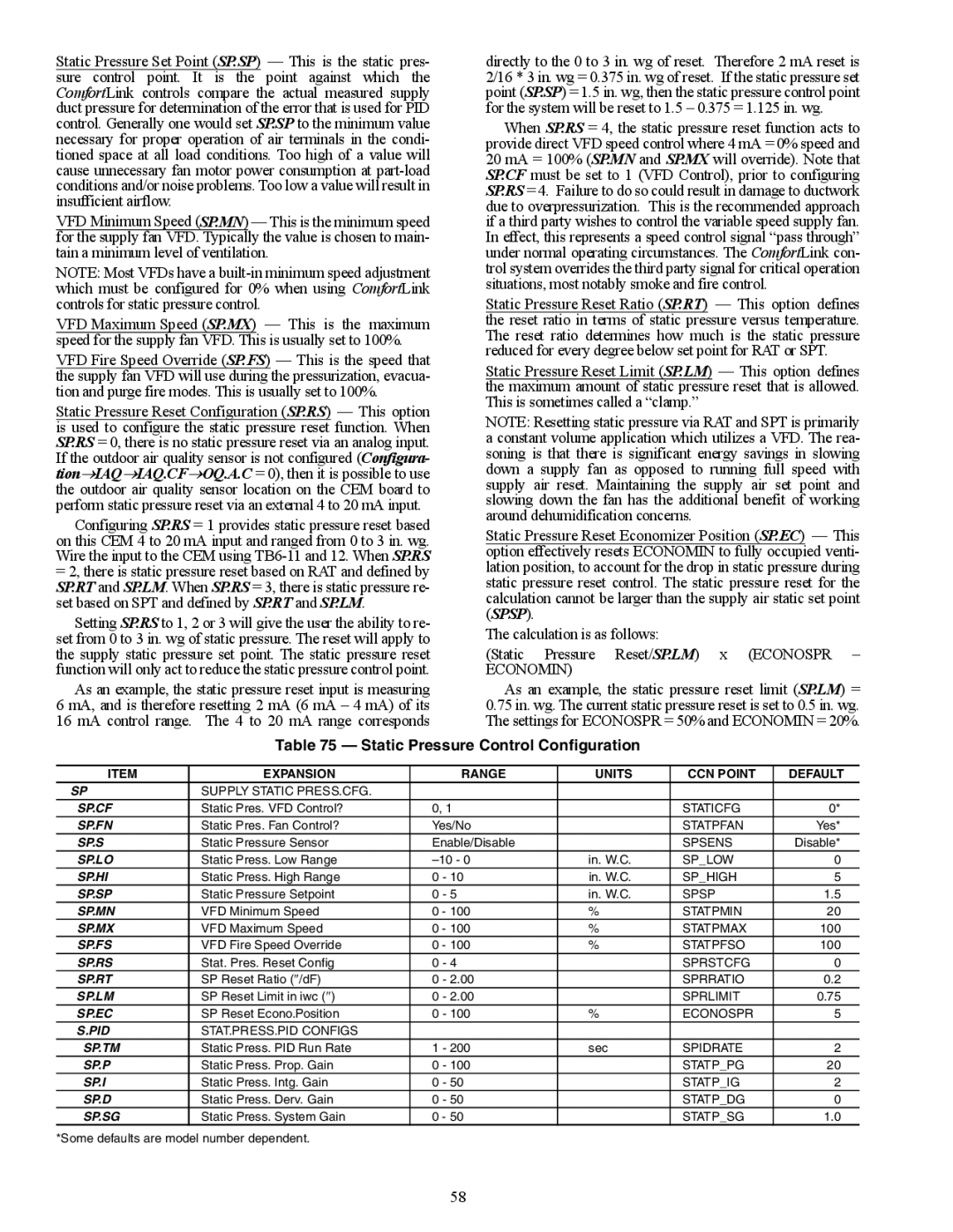 Carrier 48/50AJ As an example, the static pressure reset limit SP.LM =, Static Pressure Control Configuration 