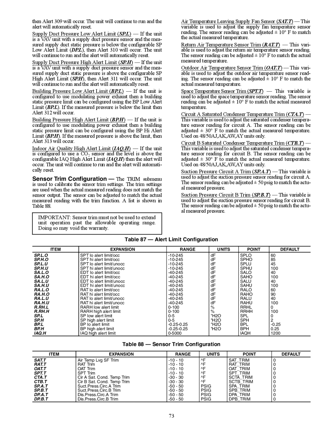 Carrier 48/50AJ specifications Alert Limit Configuration, Sensor Trim Configuration 