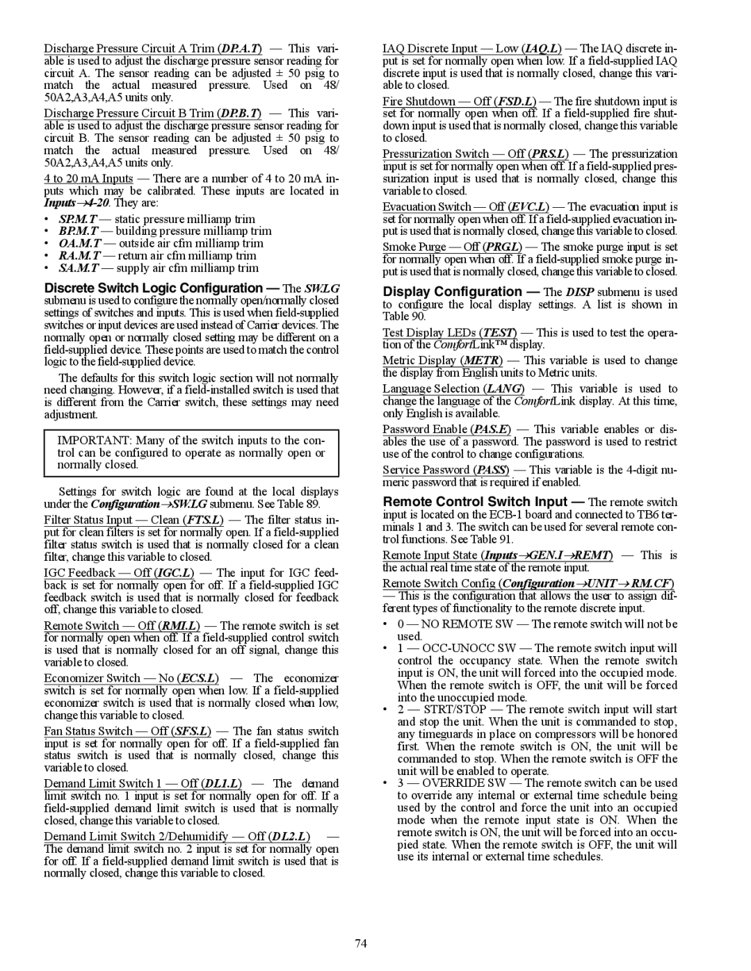 Carrier 48/50AJ specifications Discrete Switch Logic Configuration The SW.LG 