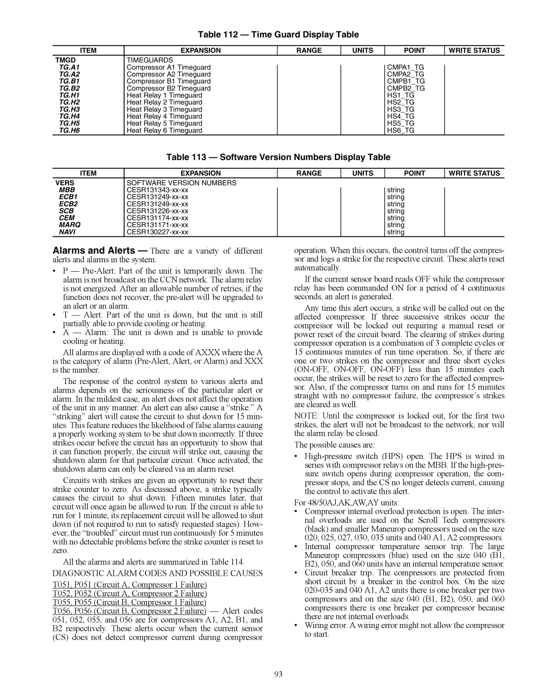 Carrier 48/50AJ specifications Time Guard Display Table, Software Version Numbers Display Table 